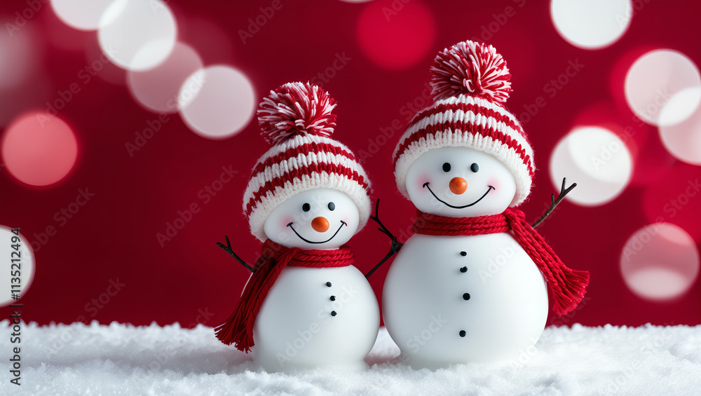 Two happy snowmen wearing red hats and striped scarves, surrounded by snowflakes, set against a festive red background in winter scenery.
Two happy snowmen wearing red hats and striped scarves, surrounded by snowflakes, set against a festive red background in winter scenery.