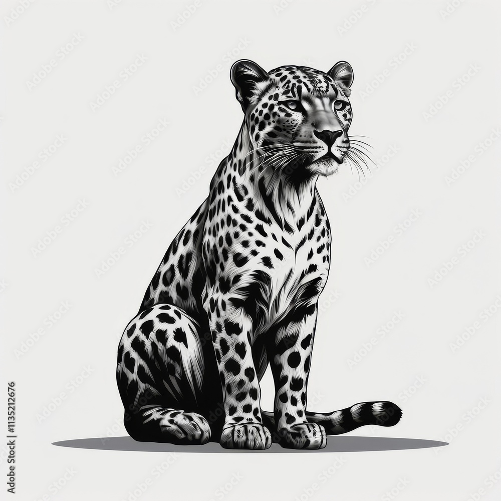 Fototapeta premium A black and white illustration of a leopard sitting on a white background.