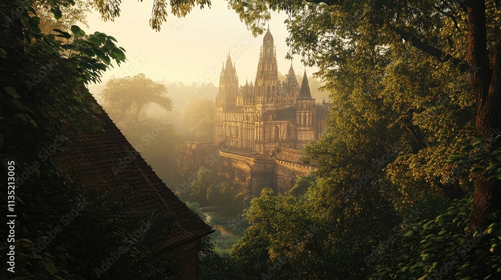 Naklejka premium Majestic castle veiled in morning mist, seen through lush foliage.