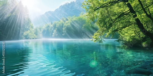 Fototapeta Naklejka Na Ścianę i Meble -  Beautiful spring landscape view of lush green trees by the lake in the morning