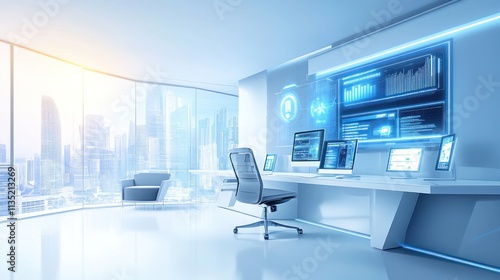 Wallpaper Mural Futuristic office with city view, high-tech monitors displaying data and graphs. Torontodigital.ca