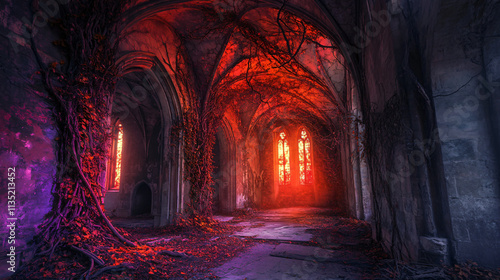 An abandoned medieval monastery with twisted vines climbing its walls, illuminated by haunting red and violet flames.