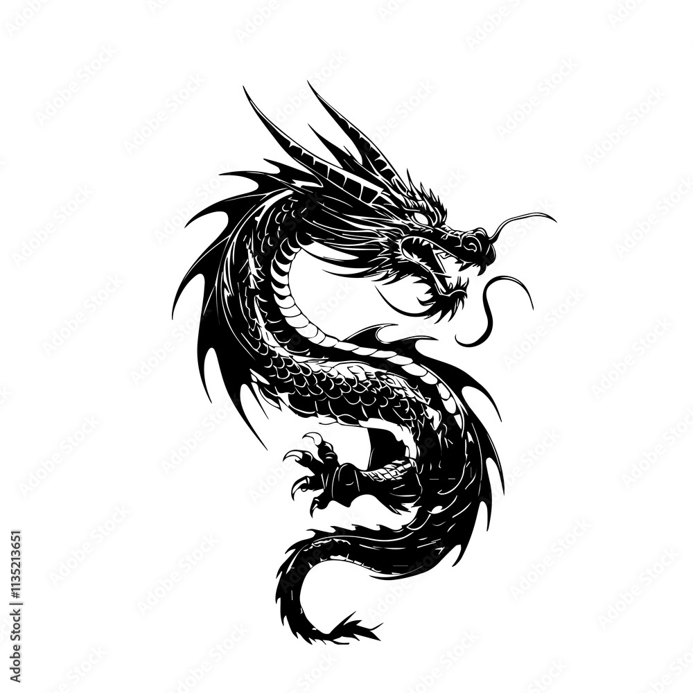 Chinese Dragon Silhouette, Chinese Zodiac, Horoscope Symbol on White Background. Isolated Black Silhouette Chinese Dragon Silhouette, Chinese Zodiac, Horoscope Symbol on White Background. Isolated Black Silhouette