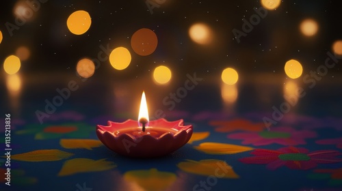 A cultural Indian Festival of Lights (Diwali) scene with glowing diyas and colorful rangoli designs against a starry night background, macro shot, Minimalist style photo