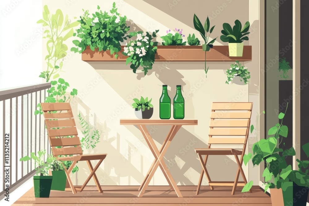 Obraz premium Design an outdoor balcony garden with plants and flowers, wooden furniture for a dining area
