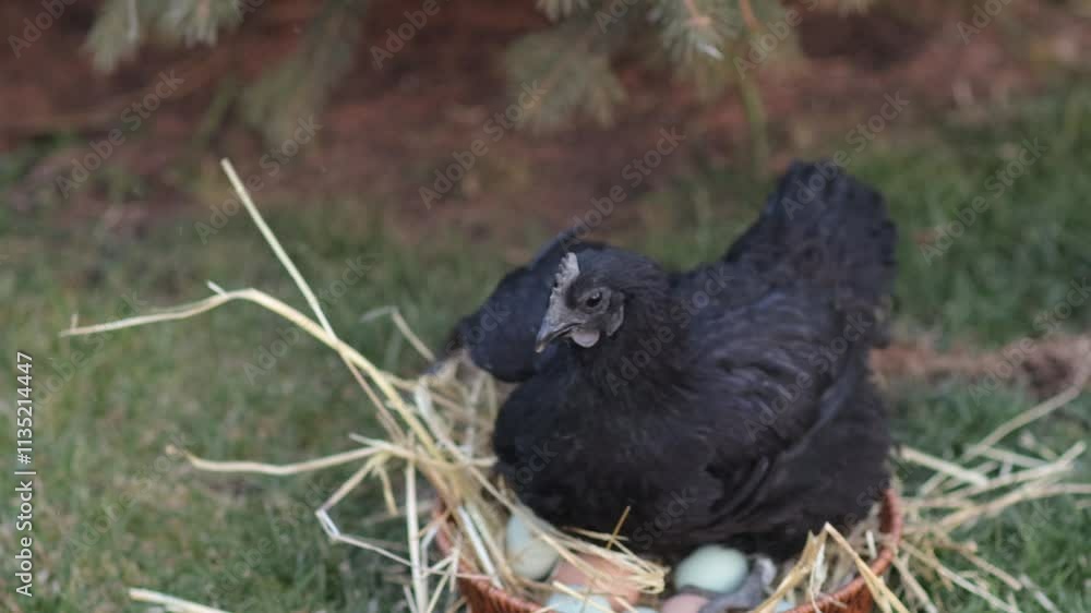 Closeup slow-motion of a black Svarthona sits on its eggs in grassy area Closeup slow-motion of a black Svarthona sits on its eggs in grassy area