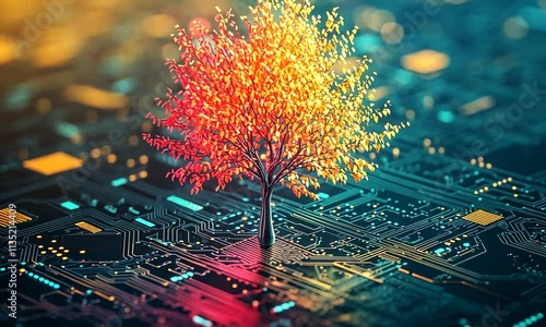 Autumnal Tree Growing from a Vibrant Circuit Board photo