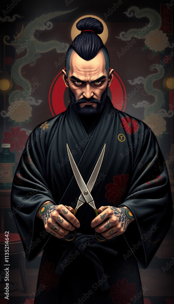 A man in samurai-inspired attire, wearing a kimono and tattoos, sharpens scissors in a dimly lit traditional Japanese room. The setting combines mysticism, tradition, and modern barbering artistry. A man in samurai-inspired attire, wearing a kimono and tattoos, sharpens scissors in a dimly lit traditional Japanese room. The setting combines mysticism, tradition, and modern barbering artistry.