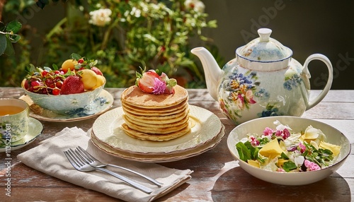 식탁 위에 놓인 플로럴 패턴의 접시와 팬케이크, 옆에는 과일 샐러드와 티포트