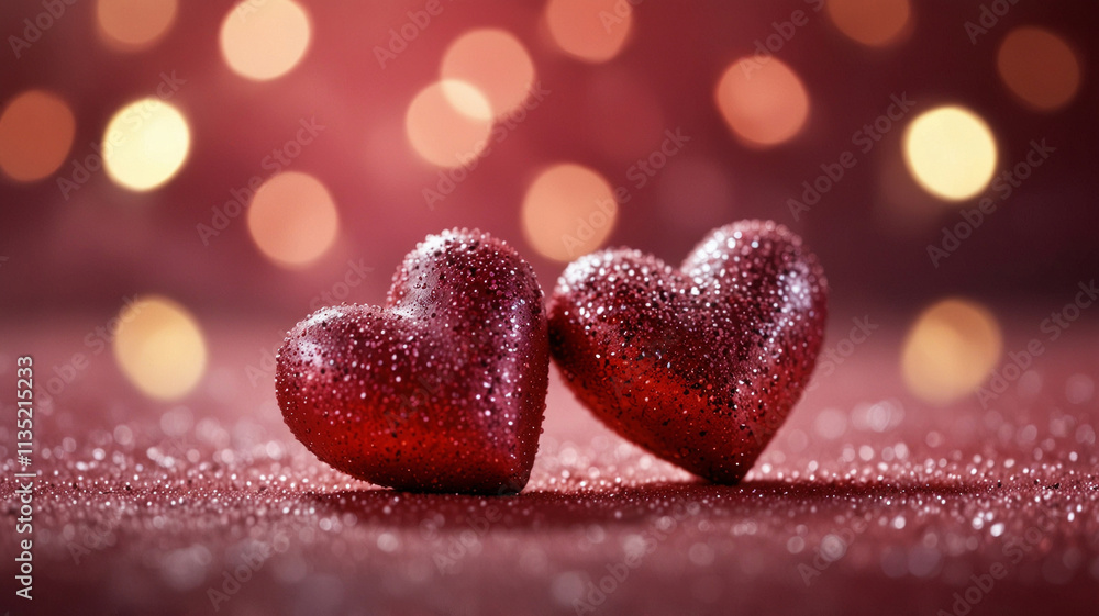 Fototapeta premium two glittering red hearts placed side by side