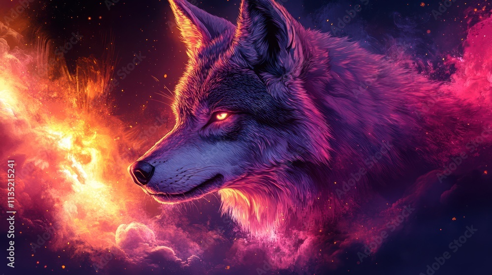 Fiery wolf portrait with nebula background. Fiery wolf portrait with nebula background.