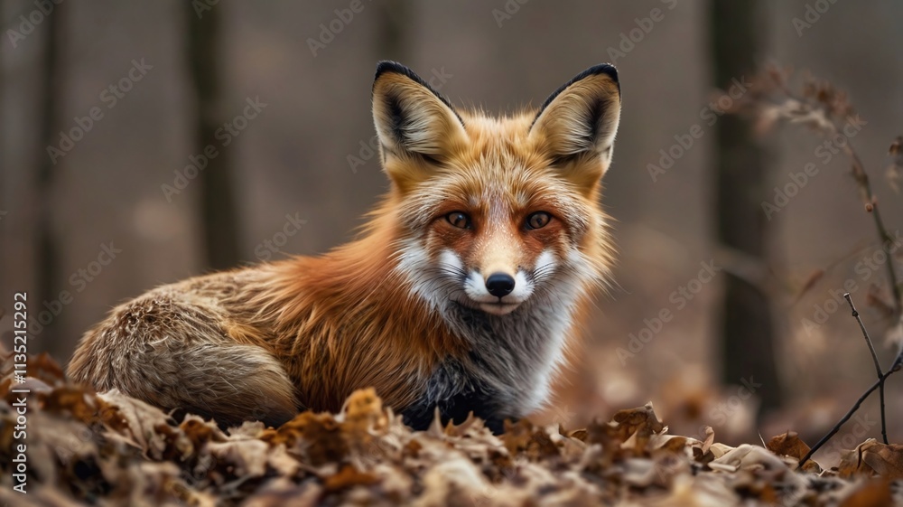 Naklejka premium Red Fox close-up profile view resting on brown leaves and foliage and looking at camera in the spring season with blur background in its environment and habitat. Fox Image. Picture. Portrait.