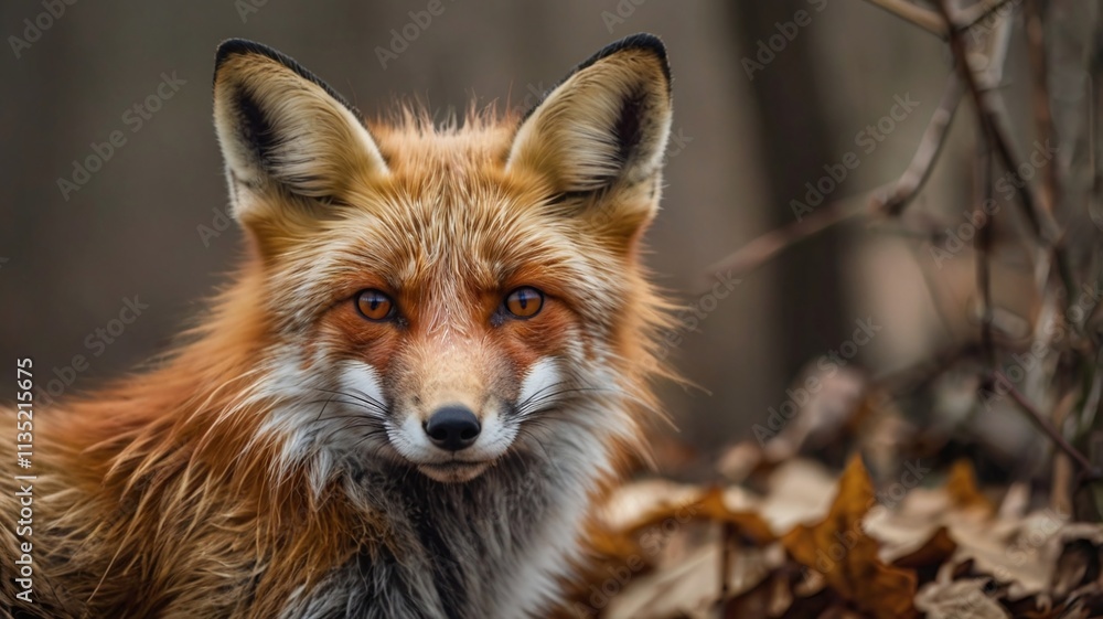 Red Fox close-up profile view resting on brown leaves and foliage and looking at camera in the spring season with blur background in its environment and habitat. Fox Image. Picture. Portrait. Red Fox close-up profile view resting on brown leaves and foliage and looking at camera in the spring season with blur background in its environment and habitat. Fox Image. Picture. Portrait.
