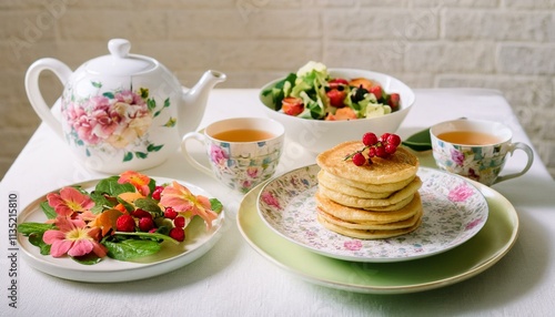 식탁 위에 놓인 플로럴 패턴의 접시와 팬케이크, 옆에는 과일 샐러드와 티포트