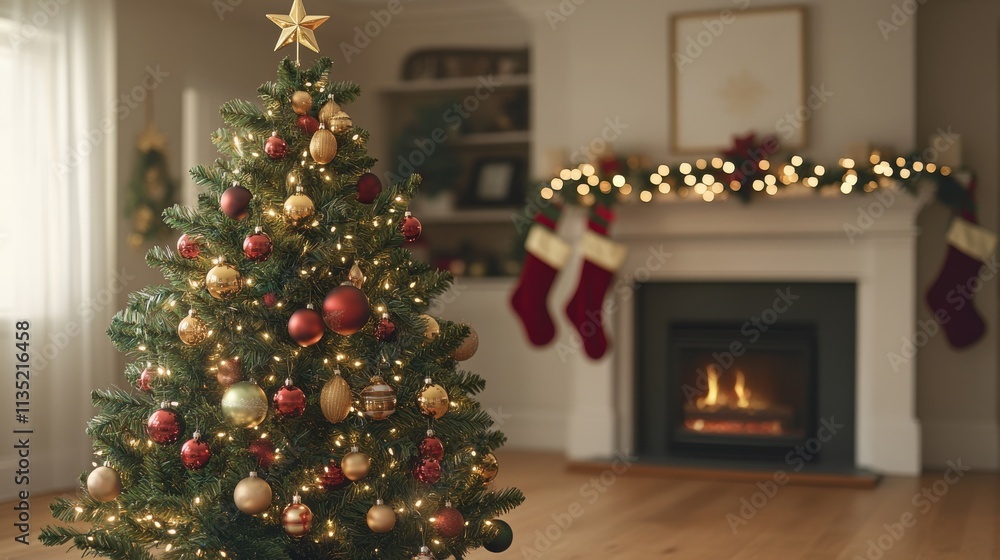 Festive Christmas tree in warm living room setting Festive Christmas tree in warm living room setting