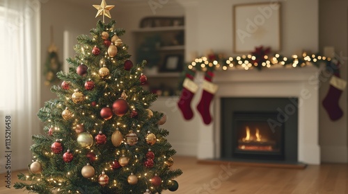 Festive Christmas tree in warm living room setting