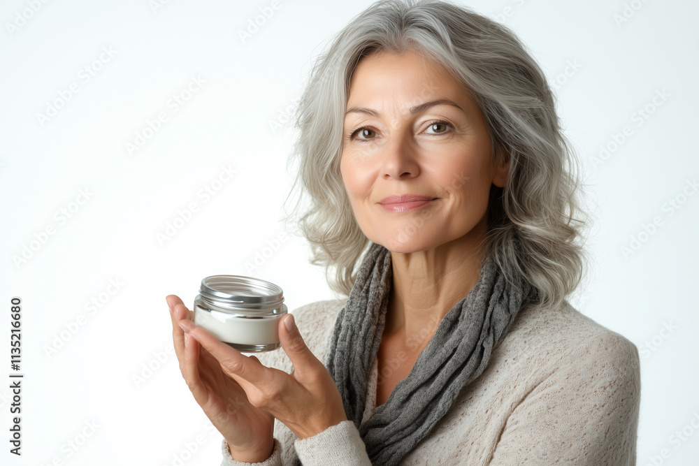 woman is holding a jar of cream in her hand. She is smiling and she is happy woman is holding a jar of cream in her hand. She is smiling and she is happy