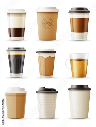Wallpaper Mural Various cup with tea, coffee and winter warming drink set. Aroma beverage in glass, ceramic porcelain, disposable cardboard takeaway mug assortment vector illustration isolated on white background Torontodigital.ca