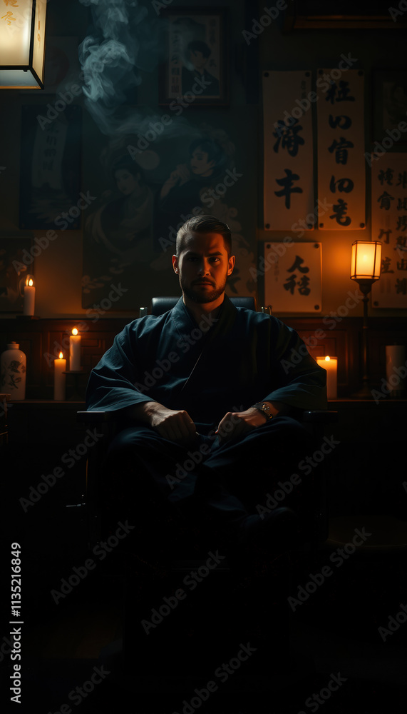 Obraz premium A barber dressed in samurai-inspired attire sits in a dimly lit room surrounded by candles, creating a mysterious and cinematic vibe.