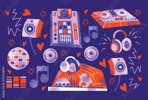DJ equipment set including turntables, mixer, speakers, headphones, disco ball, and music isolated on background. Flat vector style illustration. Music and party concept