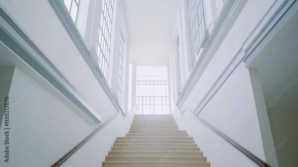 Grand stairway ascending to a bright, open space with large windows. Grand stairway ascending to a bright, open space with large windows.