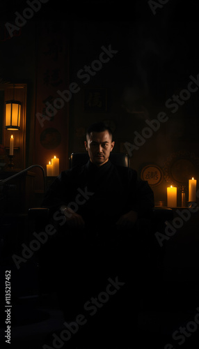 A barber dressed in samurai-inspired attire sits in a dimly lit room surrounded by candles, creating a mysterious and cinematic vibe.