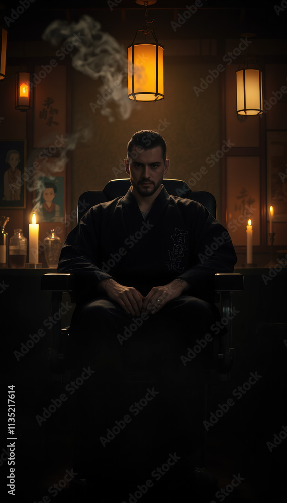 A barber dressed in samurai-inspired attire sits in a dimly lit room surrounded by candles, creating a mysterious and cinematic vibe. A barber dressed in samurai-inspired attire sits in a dimly lit room surrounded by candles, creating a mysterious and cinematic vibe.