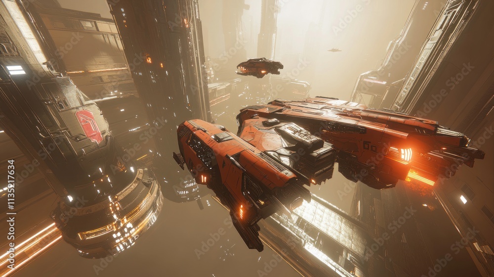 Spaceships flying through futuristic canyon. Spaceships flying through futuristic canyon.