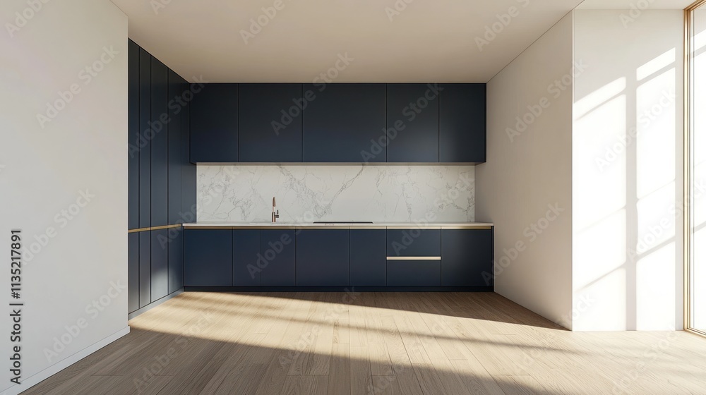 Fototapeta premium Modern kitchen interior design with dark blue cabinets, marble backsplash, and hardwood floors.