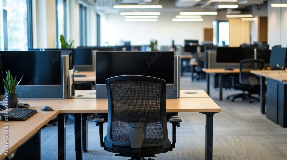 Modern Office Space with Desks and Computer Screens Modern Office Space with Desks and Computer Screens