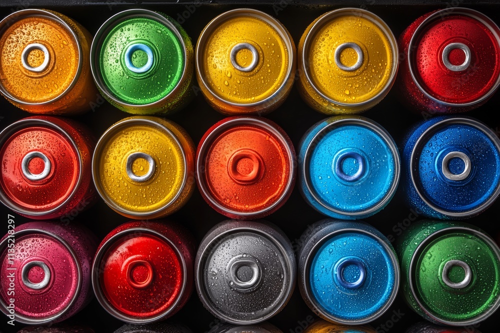 A variety of colorful energy drink cans arranged in a creative layout. Generative AI A variety of colorful energy drink cans arranged in a creative layout. Generative AI