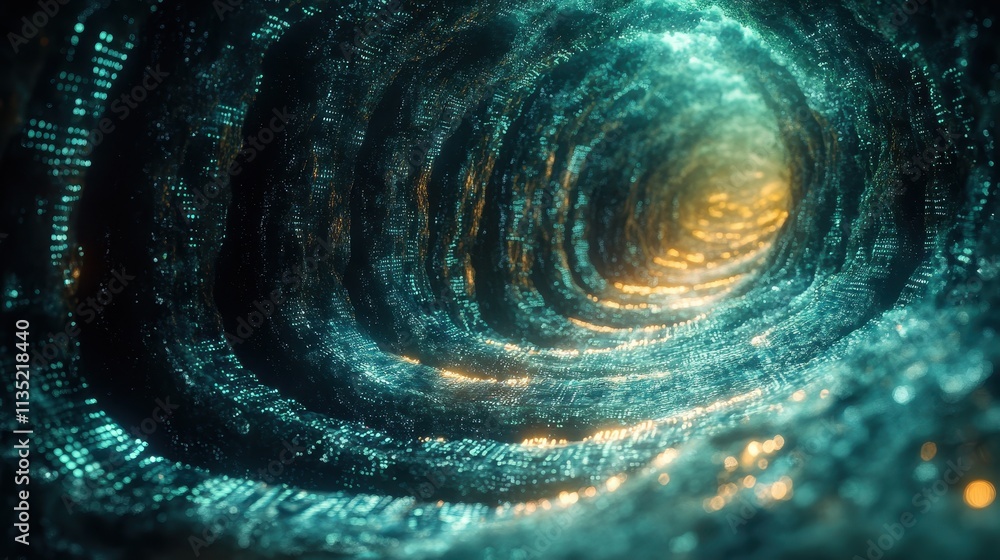 Abstract Digital Tunnel with Teal and Gold Luminous Pixels, Data Stream Background. Abstract Digital Tunnel with Teal and Gold Luminous Pixels, Data Stream Background.