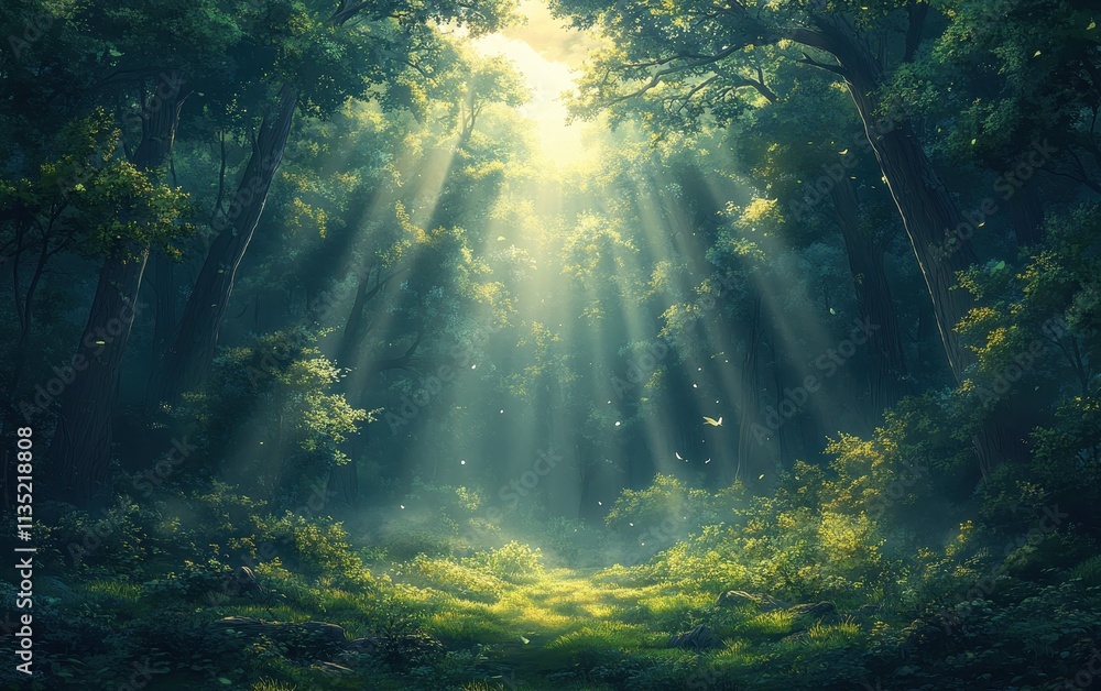 Enchanting Sunlit Forest Path Magical Green Woods Digital Painting, Fantasy Nature Background Enchanting Sunlit Forest Path Magical Green Woods Digital Painting, Fantasy Nature Background