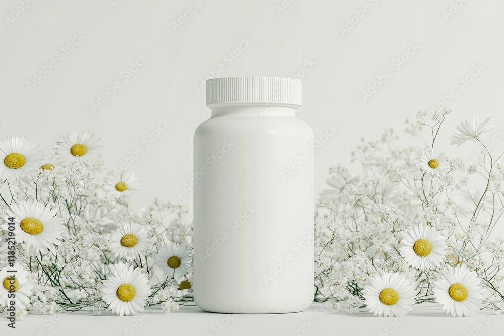 a blank white supplement bottle mockup, with daisies on background, minimalistic a blank white supplement bottle mockup, with daisies on background, minimalistic