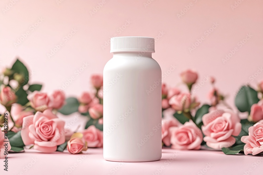 a blank white supplement bottle mockup on background with roses a blank white supplement bottle mockup on background with roses