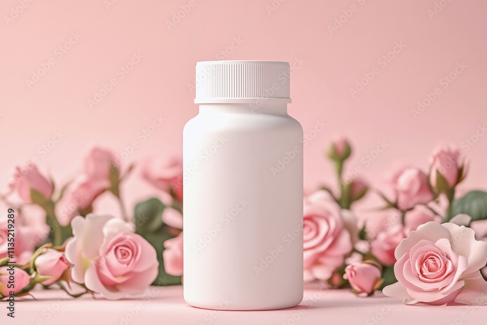 a blank white supplement bottle mockup on background with roses a blank white supplement bottle mockup on background with roses