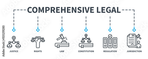 Comprehensive Legal banner web icon vector illustration concept with icon of justice, rights, law, constitution, regulation, and jurisdiction