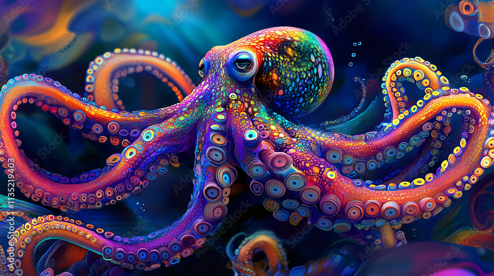 Illustration of a vibrant abstract octopus, its tentacles twisting and curling into intricate, flowing patterns beneath the ocean. Illustration of a vibrant abstract octopus, its tentacles twisting and curling into intricate, flowing patterns beneath the ocean.