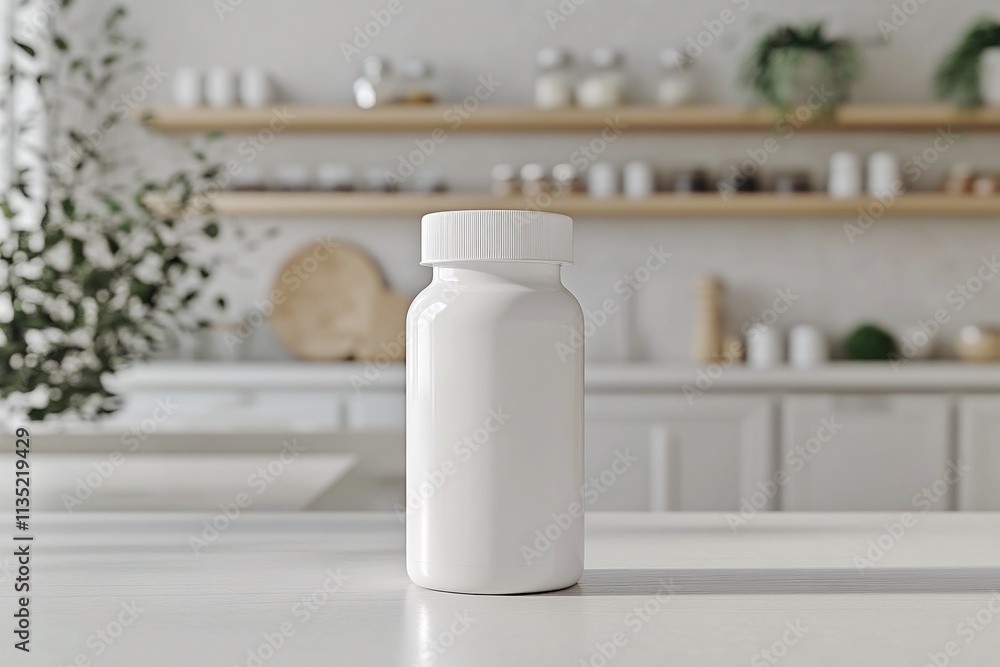 a blank white supplement bottle mockup on kitchen blurred background, minimalistic a blank white supplement bottle mockup on kitchen blurred background, minimalistic