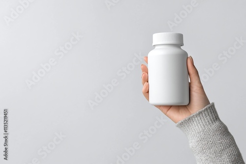 mockup of a hand holding a blank white supplement bottle