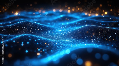 Abstract Blue and Gold Particle Wave Background with Bokeh Lights