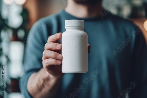 mockup of a hand holding a blank white supplement bottle