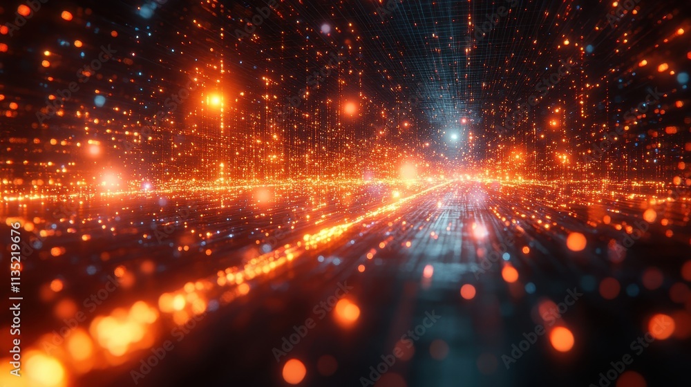 Abstract Digital Data Stream Network with Glowing Orange Particles and Grid on Dark Background. Abstract Digital Data Stream Network with Glowing Orange Particles and Grid on Dark Background.