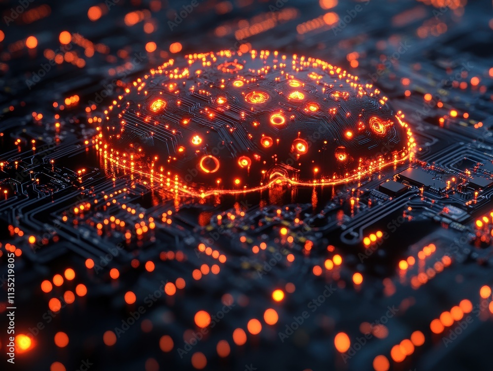 Glowing Artificial Intelligence Brain on Circuit Board, Abstract Tech Background. Glowing Artificial Intelligence Brain on Circuit Board, Abstract Tech Background.