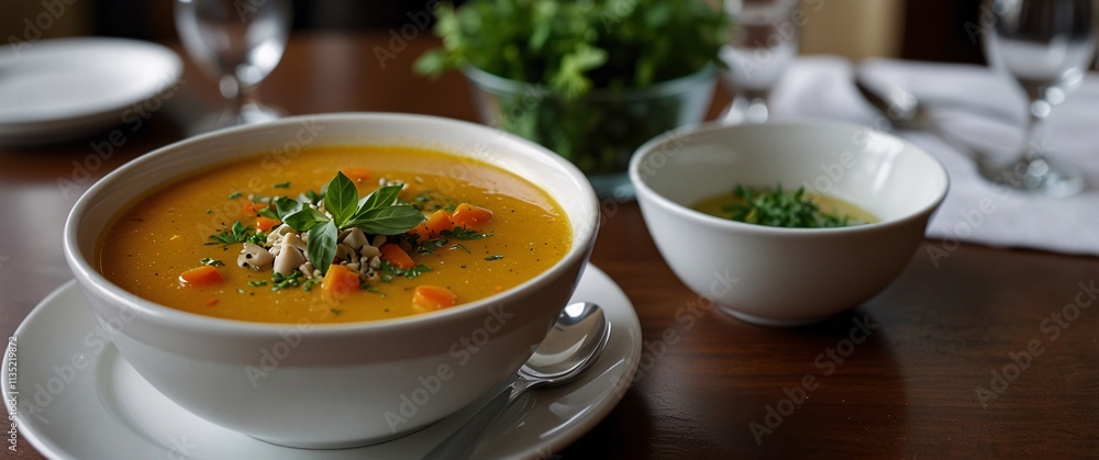 Creamy Carrot Soup: A heartwarming bowl of creamy carrot soup, garnished with fresh herbs, sits on a dark wooden table, ready to be enjoyed. The perfect image for food blogs, recipe websites. Creamy Carrot Soup: A heartwarming bowl of creamy carrot soup, garnished with fresh herbs, sits on a dark wooden table, ready to be enjoyed. The perfect image for food blogs, recipe websites.