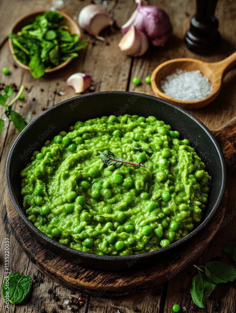 yorkshire mushy peas ingredients in frying pan and peas in bowl with mint shallot pepper and salt side view over old pub wood table . yorkshire mushy peas ingredients in frying pan and peas in bowl with mint shallot pepper and salt side view over old pub wood table .