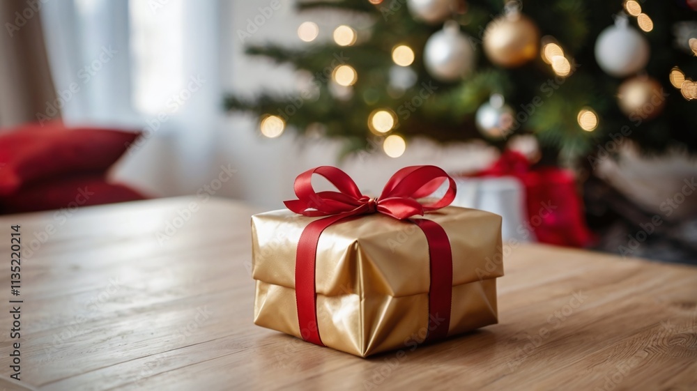 Christmas present on table against blurred Christmas tree in living room, closeup Christmas present on table against blurred Christmas tree in living room, closeup