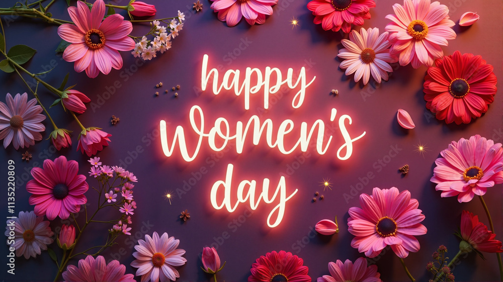 Happy Women’s Day glowing text design with vibrant pink and floral accents Happy Women’s Day glowing text design with vibrant pink and floral accents