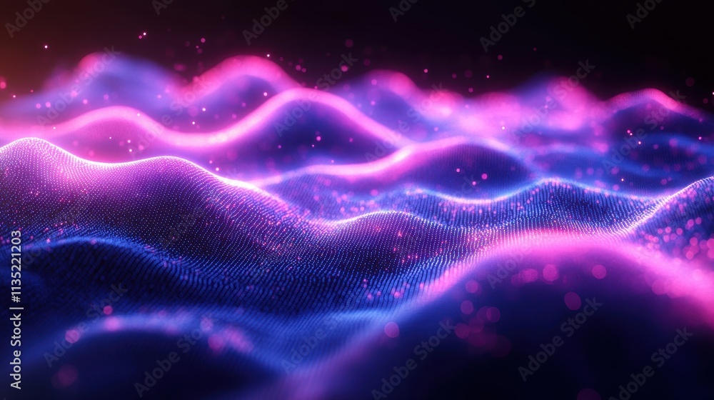Abstract Digital Waveform 3D Render of Glowing Particles Flowing in a Neon Pink and Blue Landscape. Abstract Digital Waveform 3D Render of Glowing Particles Flowing in a Neon Pink and Blue Landscape.