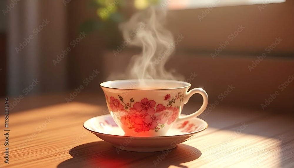 porcelain cup of tea, featuring intricate floral patterns, steam rising from the cup, placed on a polished wooden table create with ai porcelain cup of tea, featuring intricate floral patterns, steam rising from the cup, placed on a polished wooden table create with ai